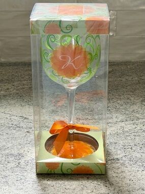 NWT Formation Brands Orange Floral Scripted K Monogram Stemmed Wine Glass